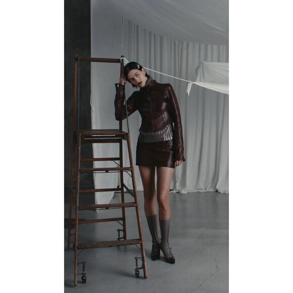 MIMCHIK Leather Mini Skirt in Brown Leather Large Womens Distressed - Picture 9 of 11